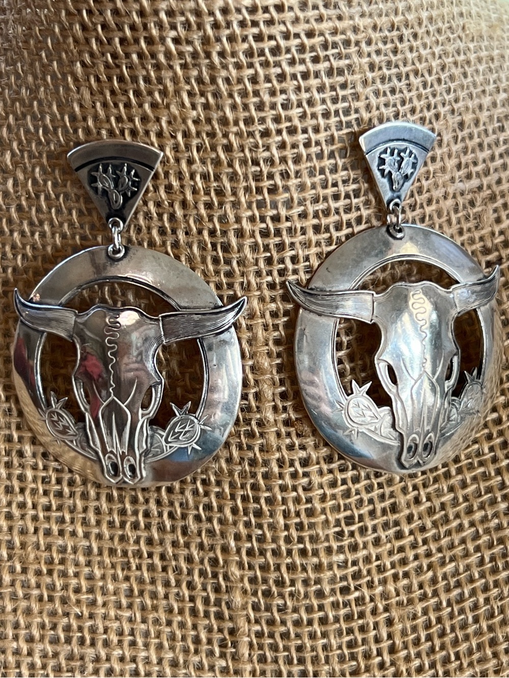 Vintage One of a Kind Kit Carson 1988 Western Longhorn Sterling Silver Earrings